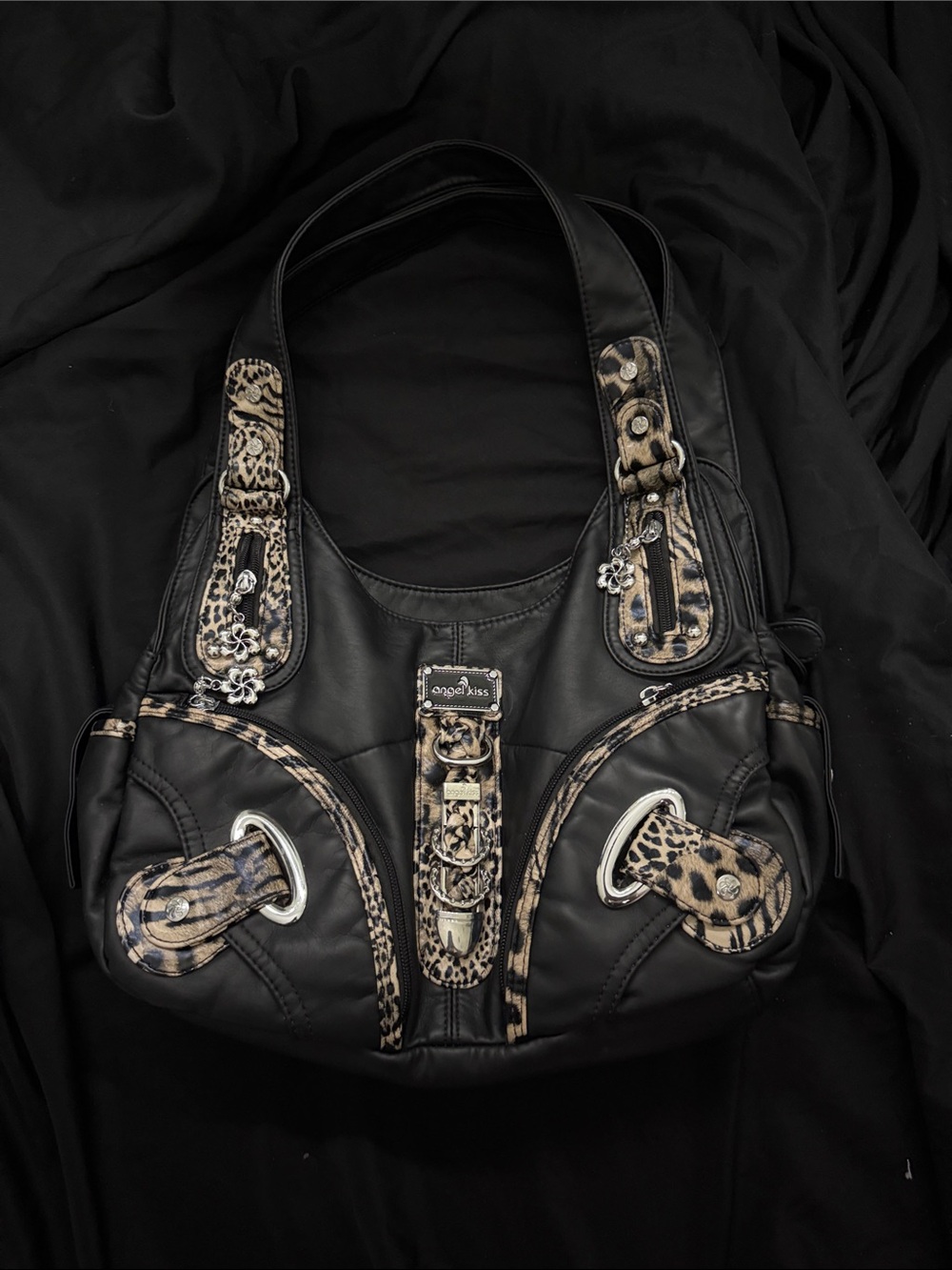 Angel Kiss Black Shoulder Bag with Leopard Accents